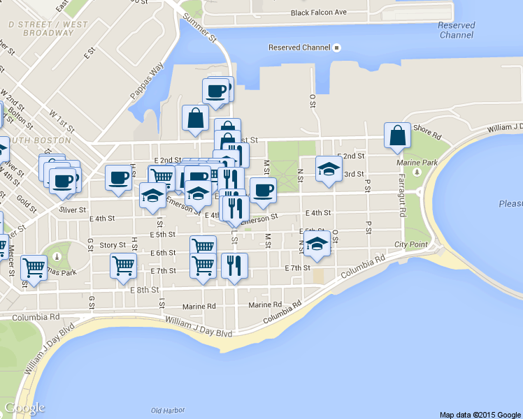 map of restaurants, bars, coffee shops, grocery stores, and more near 309 Emerson Street in Boston