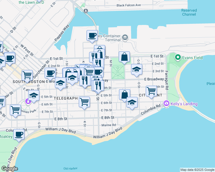 map of restaurants, bars, coffee shops, grocery stores, and more near 309 Emerson Street in Boston
