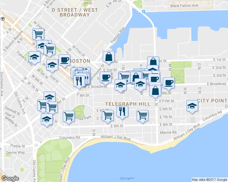 map of restaurants, bars, coffee shops, grocery stores, and more near 96 H Street in Boston