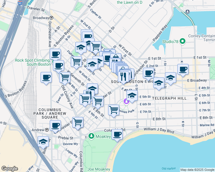 map of restaurants, bars, coffee shops, grocery stores, and more near 256 West Sixth Street in Boston