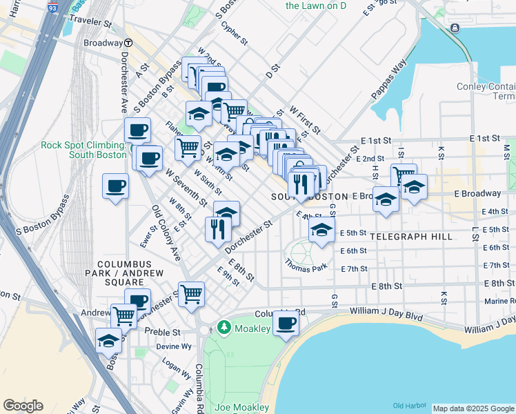 map of restaurants, bars, coffee shops, grocery stores, and more near 256 West Sixth Street in Boston