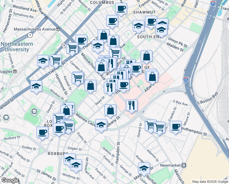 map of restaurants, bars, coffee shops, grocery stores, and more near 62-64 Northampton Street in Boston