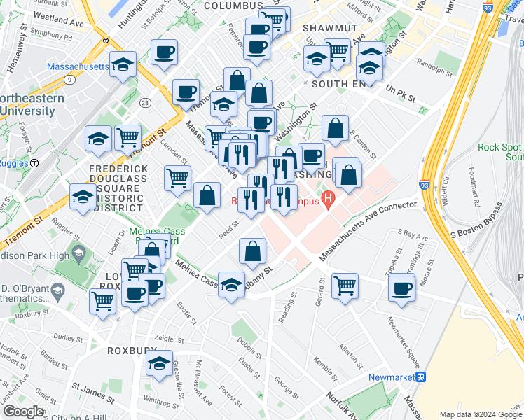 map of restaurants, bars, coffee shops, grocery stores, and more near 62-64 Northampton Street in Boston