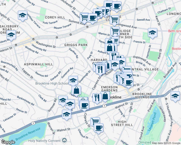 map of restaurants, bars, coffee shops, grocery stores, and more near 34 Greenough Street in Brookline