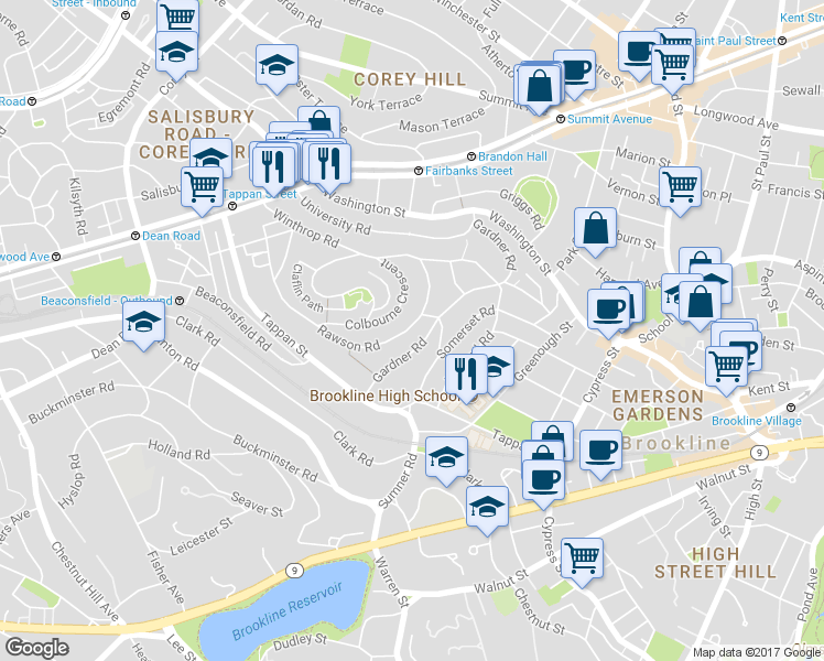 map of restaurants, bars, coffee shops, grocery stores, and more near 171 Gardner Road in Brookline