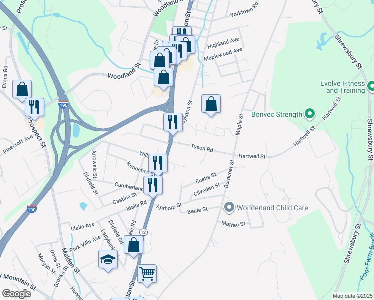 map of restaurants, bars, coffee shops, grocery stores, and more near 29 Tyson Road in Worcester