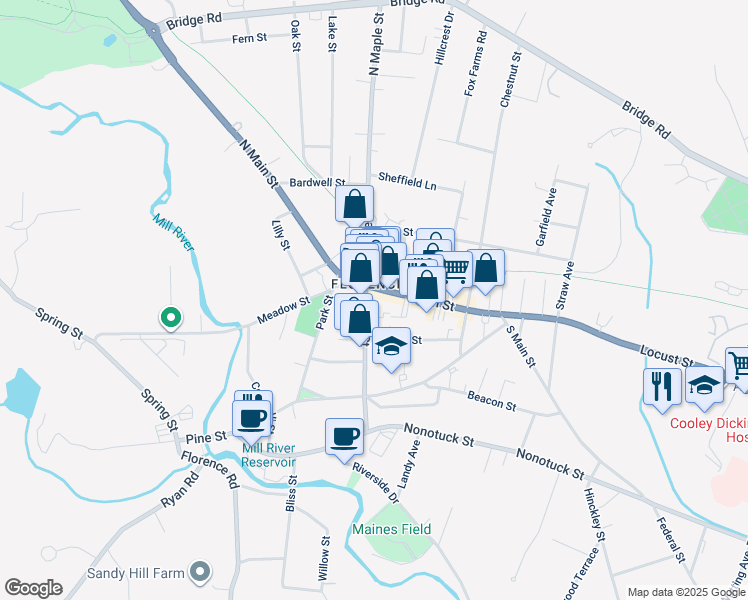 map of restaurants, bars, coffee shops, grocery stores, and more near 75 Maple Street in Northampton