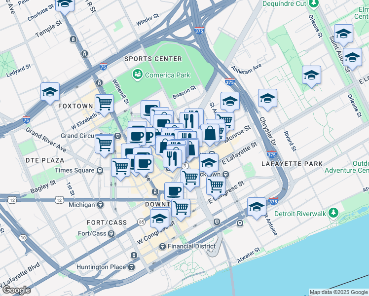 map of restaurants, bars, coffee shops, grocery stores, and more near 1224 Randolph Street in Detroit