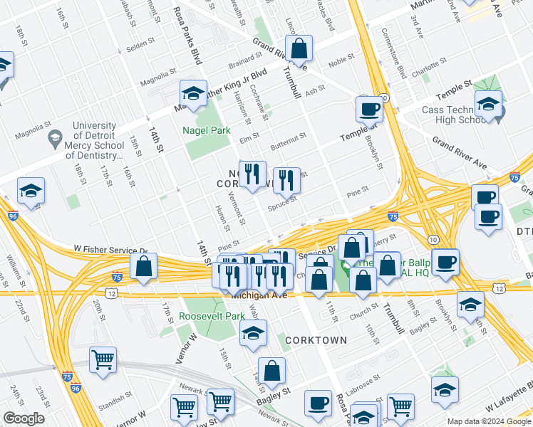 map of restaurants, bars, coffee shops, grocery stores, and more near 2628 Vermont Street in Detroit