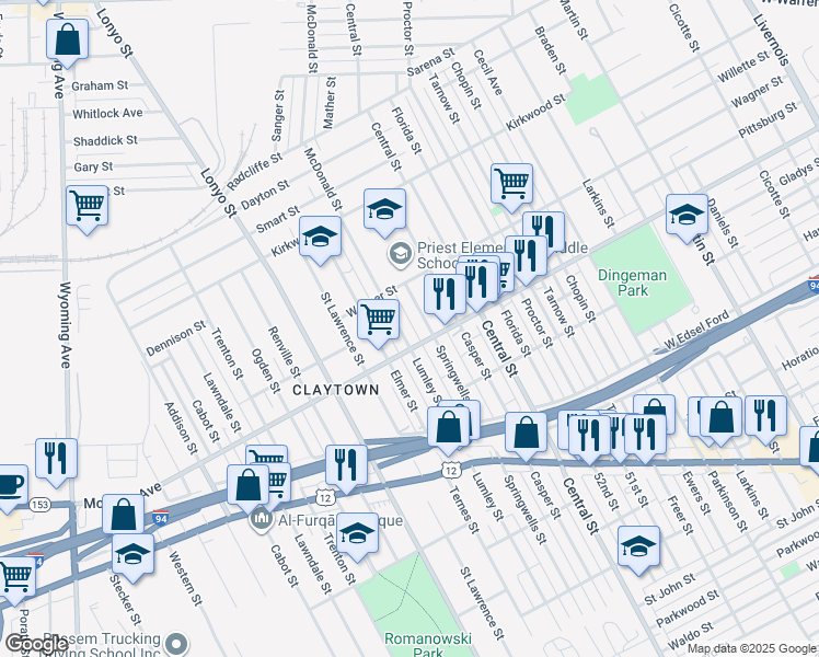 map of restaurants, bars, coffee shops, grocery stores, and more near 5602 Lumley Street in Detroit