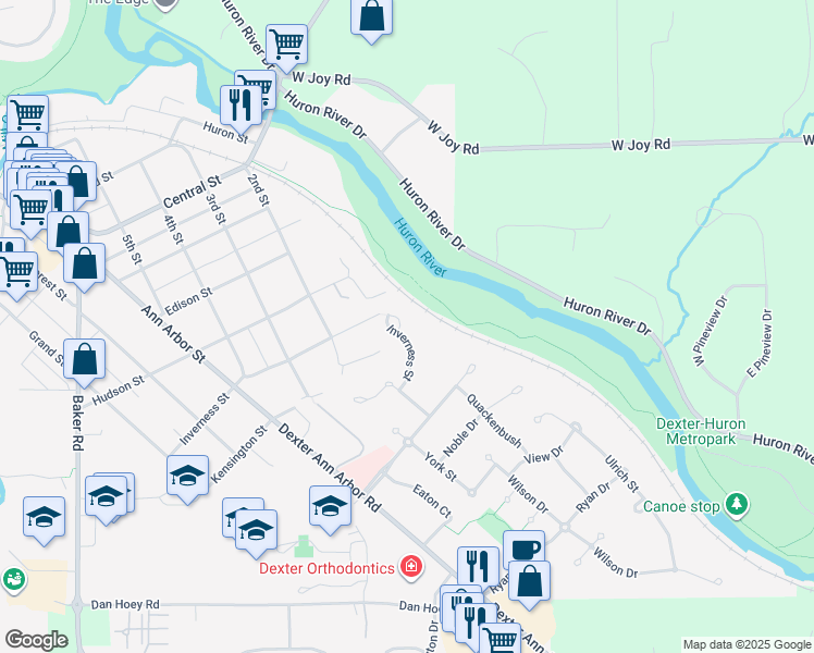map of restaurants, bars, coffee shops, grocery stores, and more near 3672 Cushing Court in Dexter