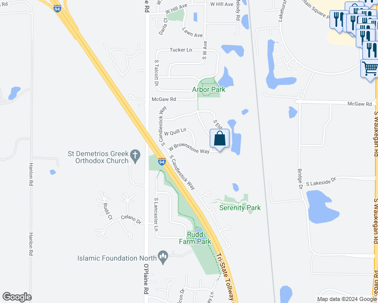 map of restaurants, bars, coffee shops, grocery stores, and more near 4431 West Brownstone Way in Waukegan