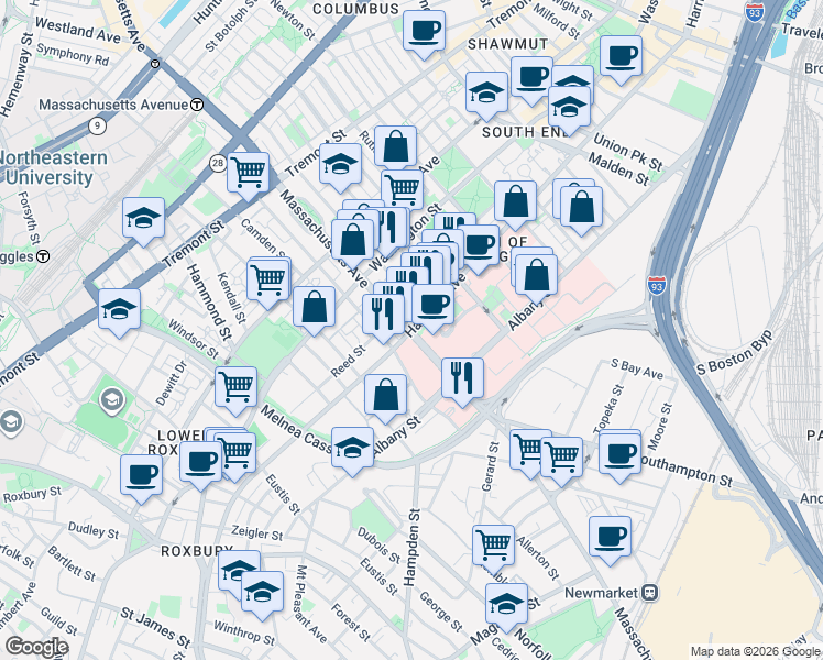 map of restaurants, bars, coffee shops, grocery stores, and more near Massachusetts Ave & Harrison Ave in Boston