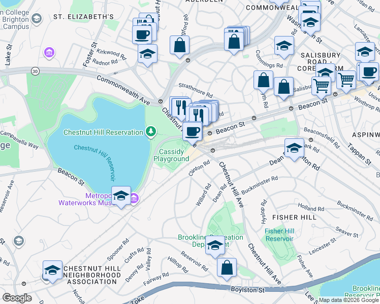 map of restaurants, bars, coffee shops, grocery stores, and more near 397 Chestnut Hill Avenue in Boston