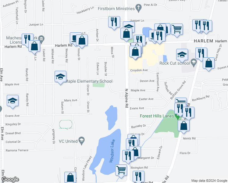 map of restaurants, bars, coffee shops, grocery stores, and more near 1954 Maple Avenue in Loves Park