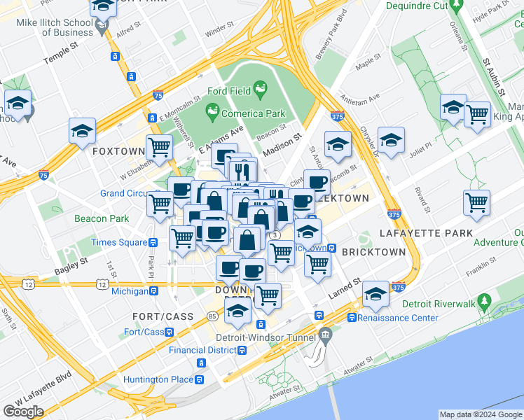 map of restaurants, bars, coffee shops, grocery stores, and more near 1308 Broadway Street in Detroit