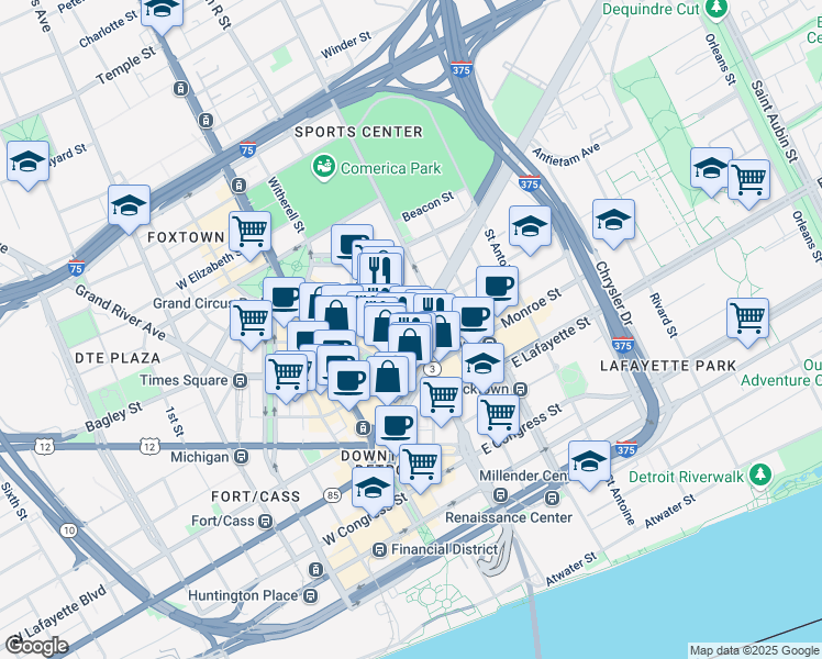 map of restaurants, bars, coffee shops, grocery stores, and more near 1308 Broadway Street in Detroit