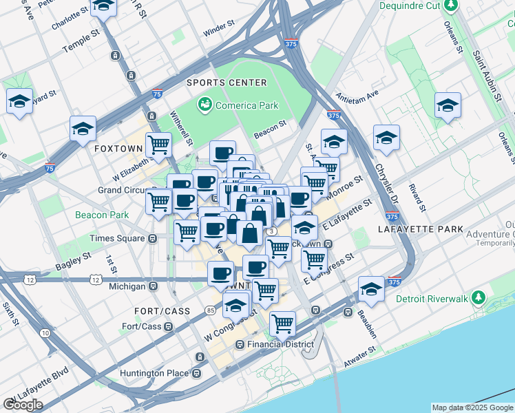 map of restaurants, bars, coffee shops, grocery stores, and more near 1307 Broadway Street in Detroit