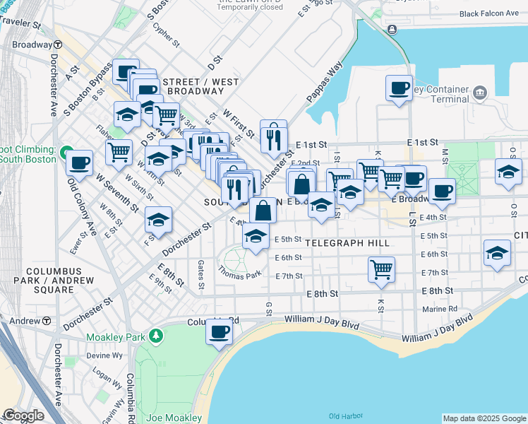 map of restaurants, bars, coffee shops, grocery stores, and more near 43 G Street in Boston
