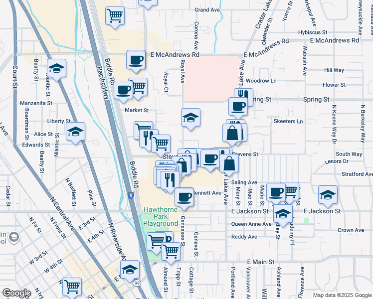 map of restaurants, bars, coffee shops, grocery stores, and more near 737 Stevens Street in Medford