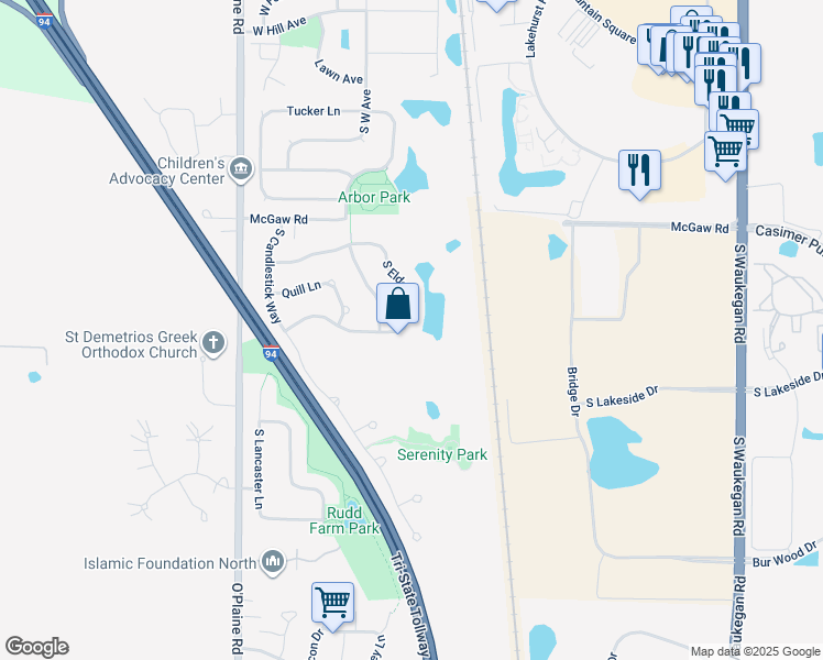 map of restaurants, bars, coffee shops, grocery stores, and more near 1361 South Elder Lane in Waukegan