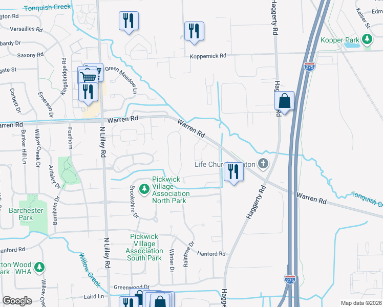 map of restaurants, bars, coffee shops, grocery stores, and more near 7037 Foxridge Drive in Canton