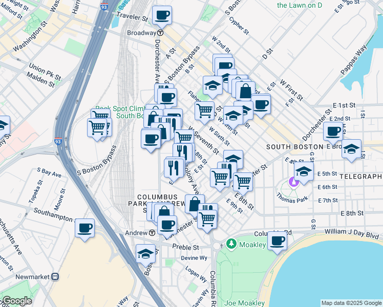 map of restaurants, bars, coffee shops, grocery stores, and more near 155a Old Colony Avenue in Boston
