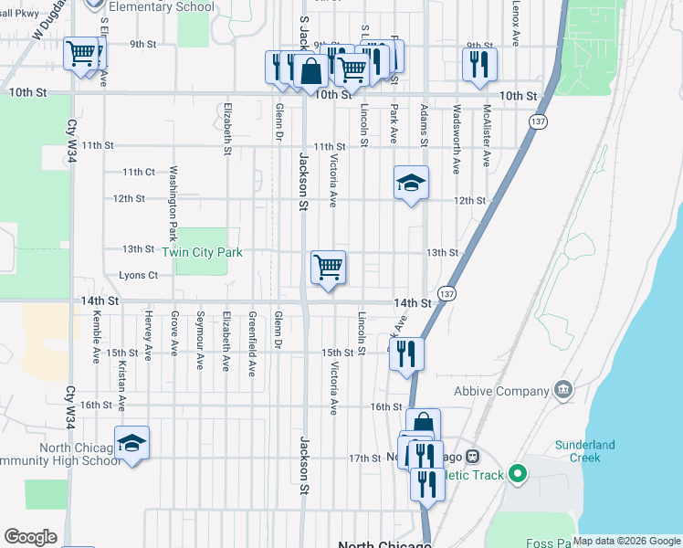 map of restaurants, bars, coffee shops, grocery stores, and more near 1319 Victoria Avenue in North Chicago