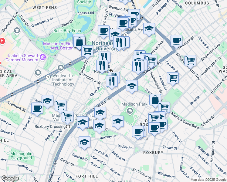 map of restaurants, bars, coffee shops, grocery stores, and more near 1175 Tremont Street in Boston