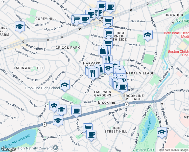 map of restaurants, bars, coffee shops, grocery stores, and more near in Brookline