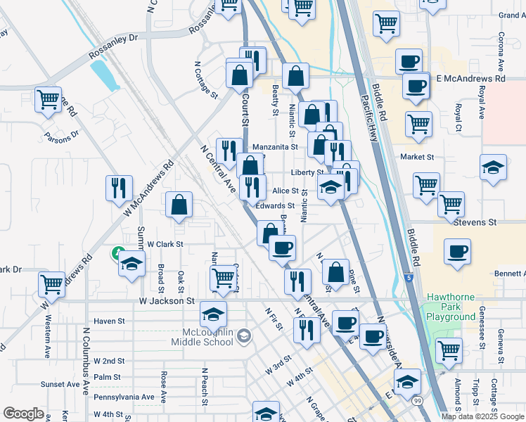 map of restaurants, bars, coffee shops, grocery stores, and more near 913 North Central Avenue in Medford
