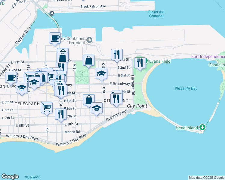 map of restaurants, bars, coffee shops, grocery stores, and more near 883 East 4th Street in Boston