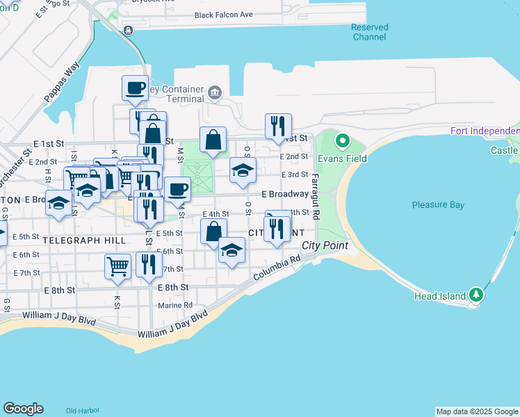 map of restaurants, bars, coffee shops, grocery stores, and more near 883 East 4th Street in Boston