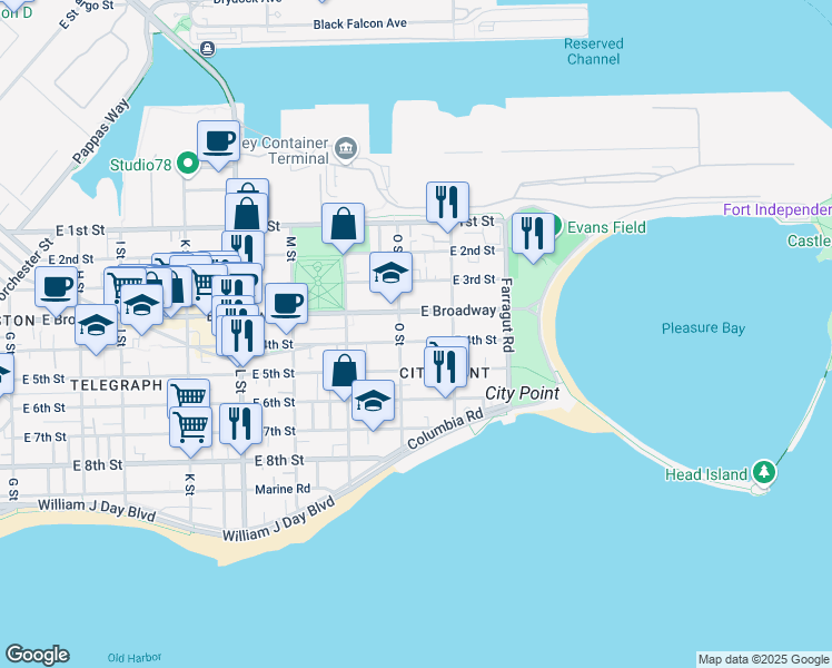 map of restaurants, bars, coffee shops, grocery stores, and more near 883 East 4th Street in Boston