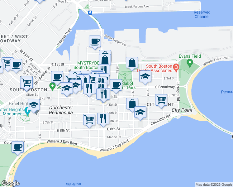 map of restaurants, bars, coffee shops, grocery stores, and more near 309 Emerson Street in Boston