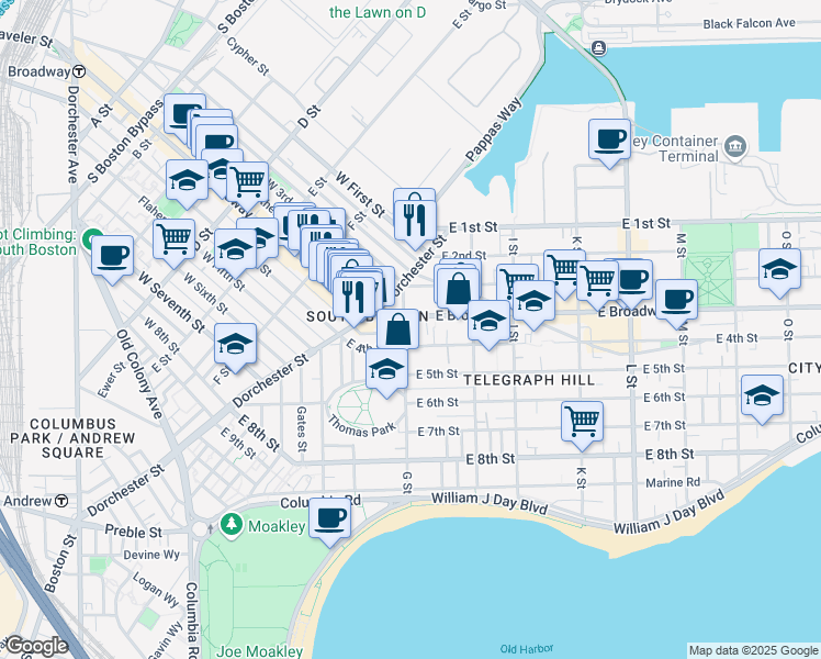 map of restaurants, bars, coffee shops, grocery stores, and more near 43 G Street in Boston