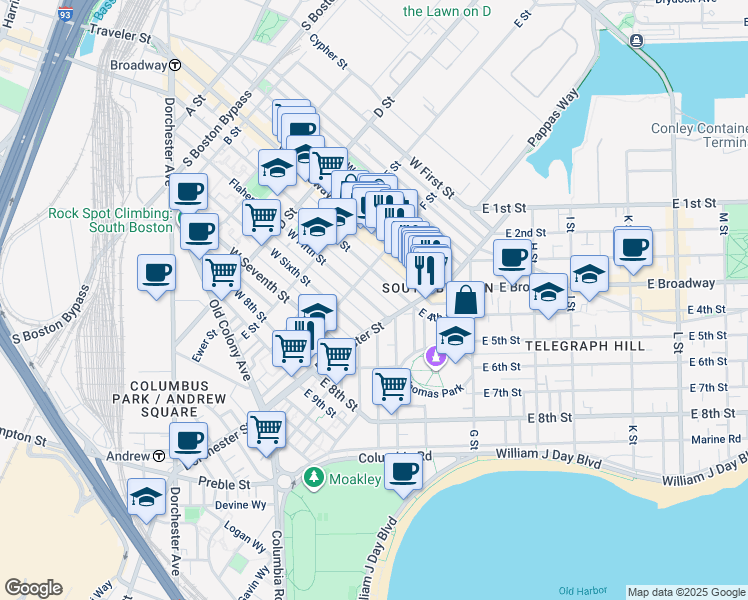 map of restaurants, bars, coffee shops, grocery stores, and more near 256 West Sixth Street in Boston