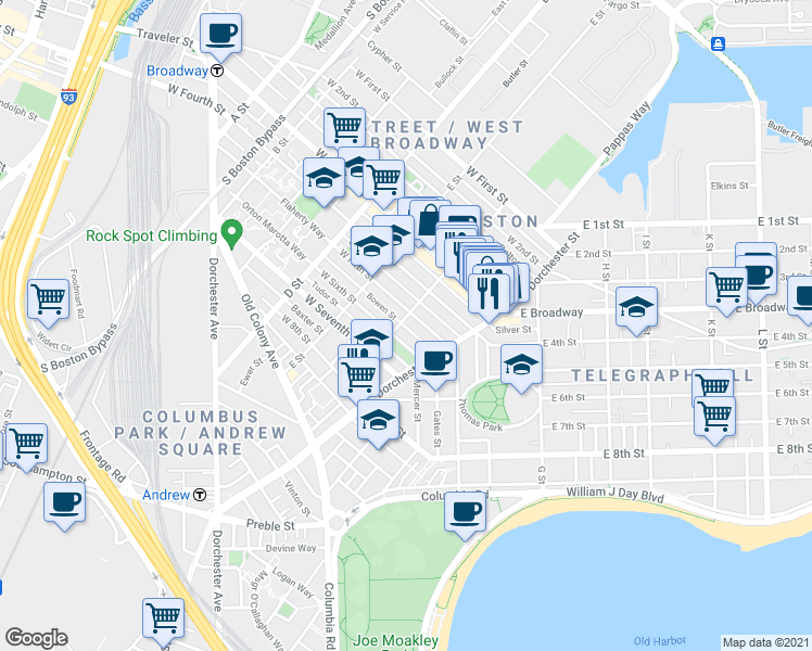 map of restaurants, bars, coffee shops, grocery stores, and more near 256 West Sixth Street in Boston