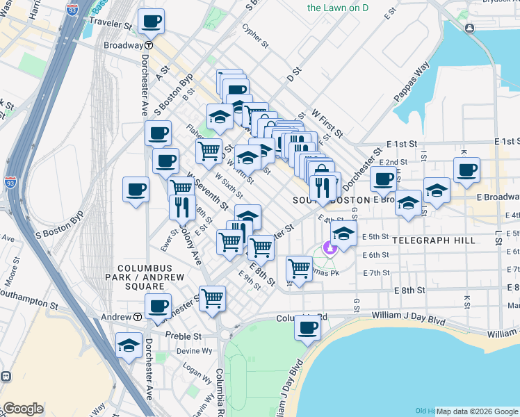 map of restaurants, bars, coffee shops, grocery stores, and more near 52 F Street in Boston