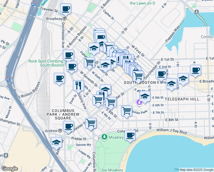 map of restaurants, bars, coffee shops, grocery stores, and more near 52 F Street in Boston
