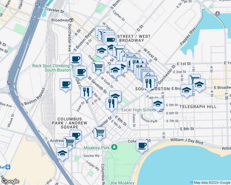 map of restaurants, bars, coffee shops, grocery stores, and more near 52 F Street in Boston