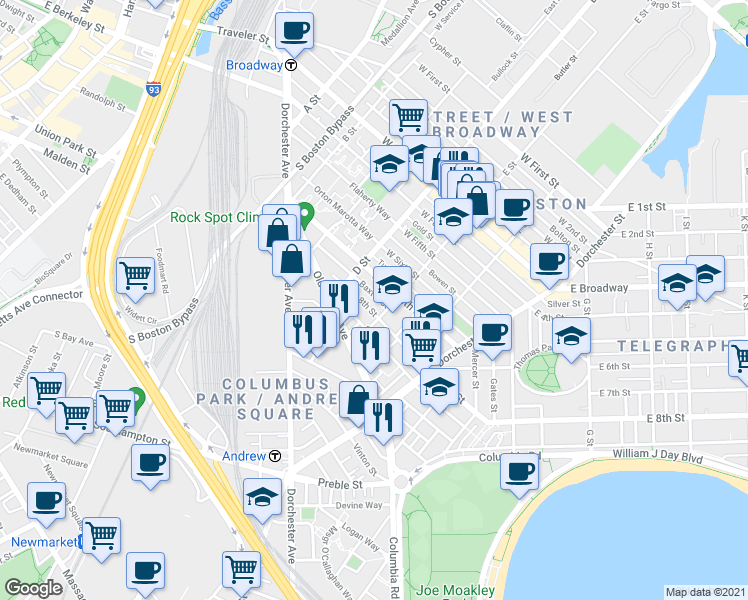 map of restaurants, bars, coffee shops, grocery stores, and more near 188 E Street in Boston