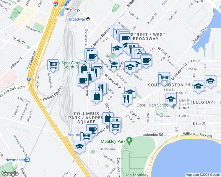 map of restaurants, bars, coffee shops, grocery stores, and more near 188 E Street in Boston