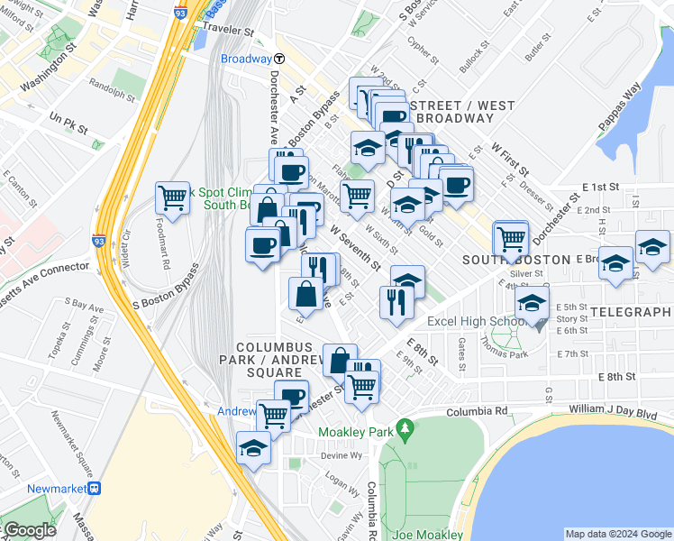 map of restaurants, bars, coffee shops, grocery stores, and more near 188 E Street in Boston