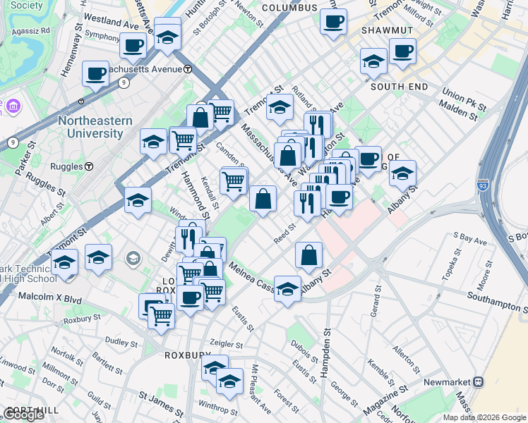 map of restaurants, bars, coffee shops, grocery stores, and more near in Boston