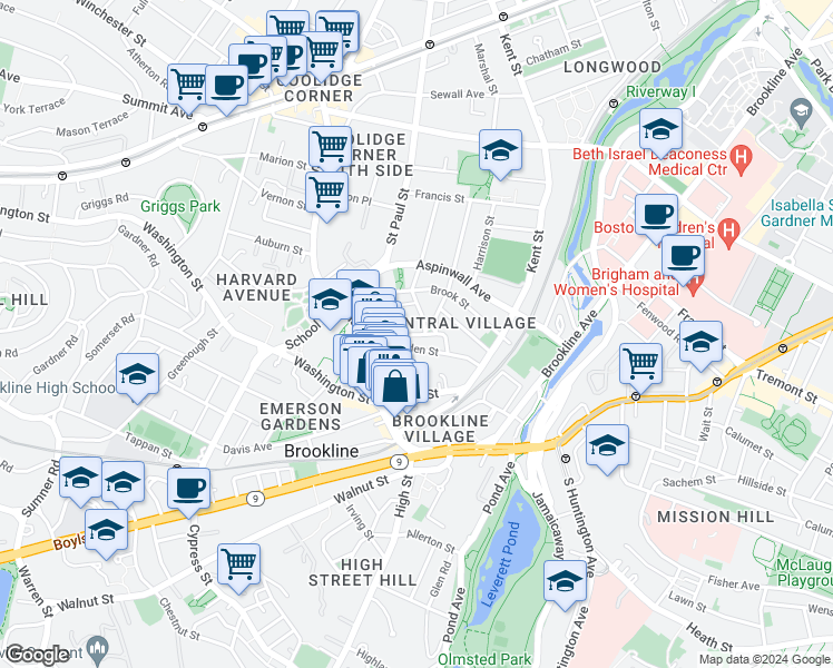 map of restaurants, bars, coffee shops, grocery stores, and more near 15 Linden Street in Brookline