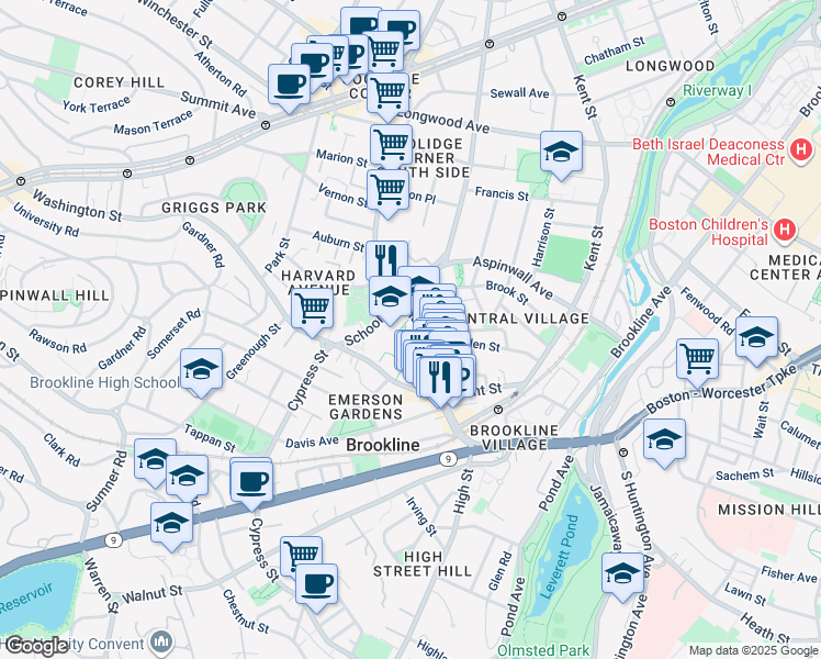 map of restaurants, bars, coffee shops, grocery stores, and more near 11 Pierce Street in Brookline