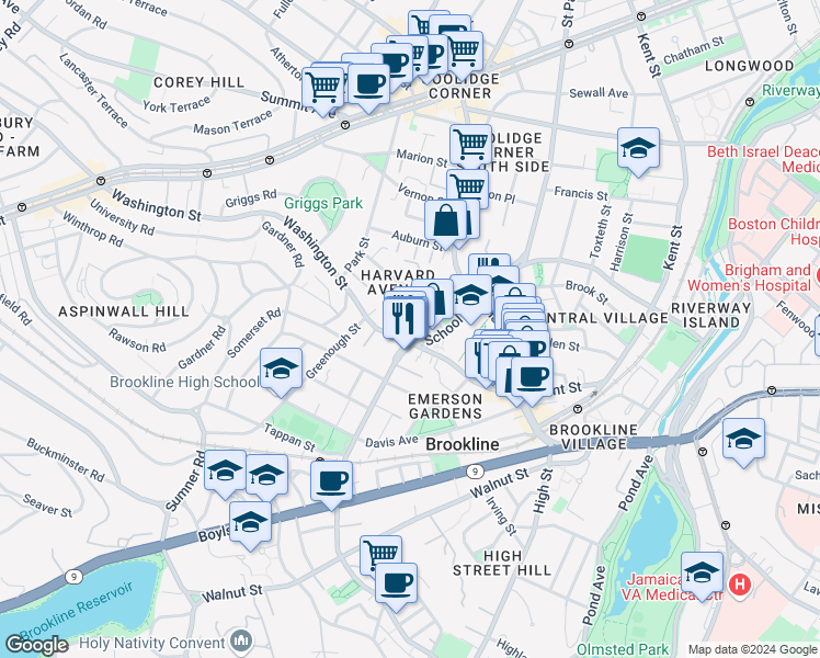 map of restaurants, bars, coffee shops, grocery stores, and more near 8 Cypress Street in Brookline
