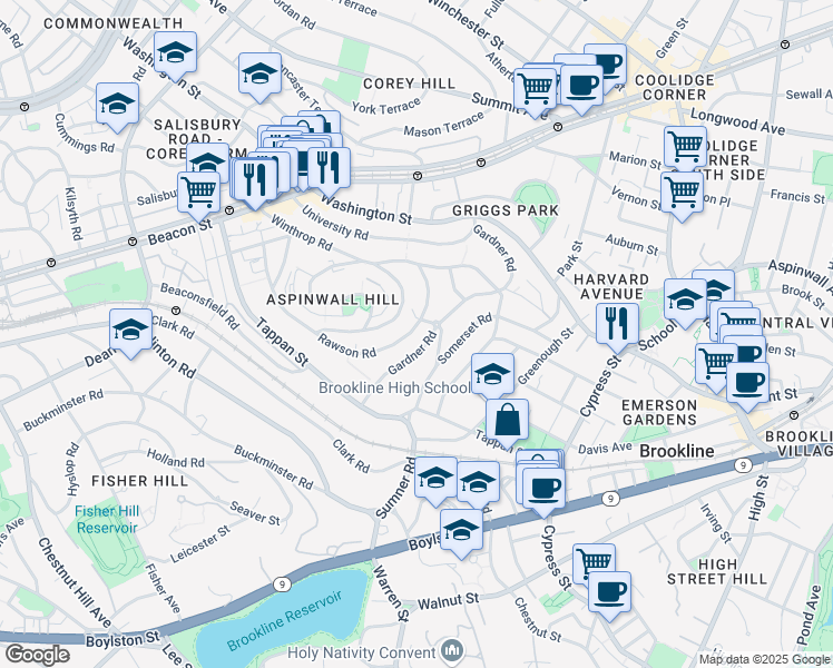 map of restaurants, bars, coffee shops, grocery stores, and more near 171 Gardner Road in Brookline