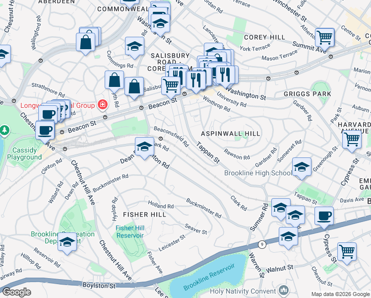 map of restaurants, bars, coffee shops, grocery stores, and more near 286 Clark Road in Brookline
